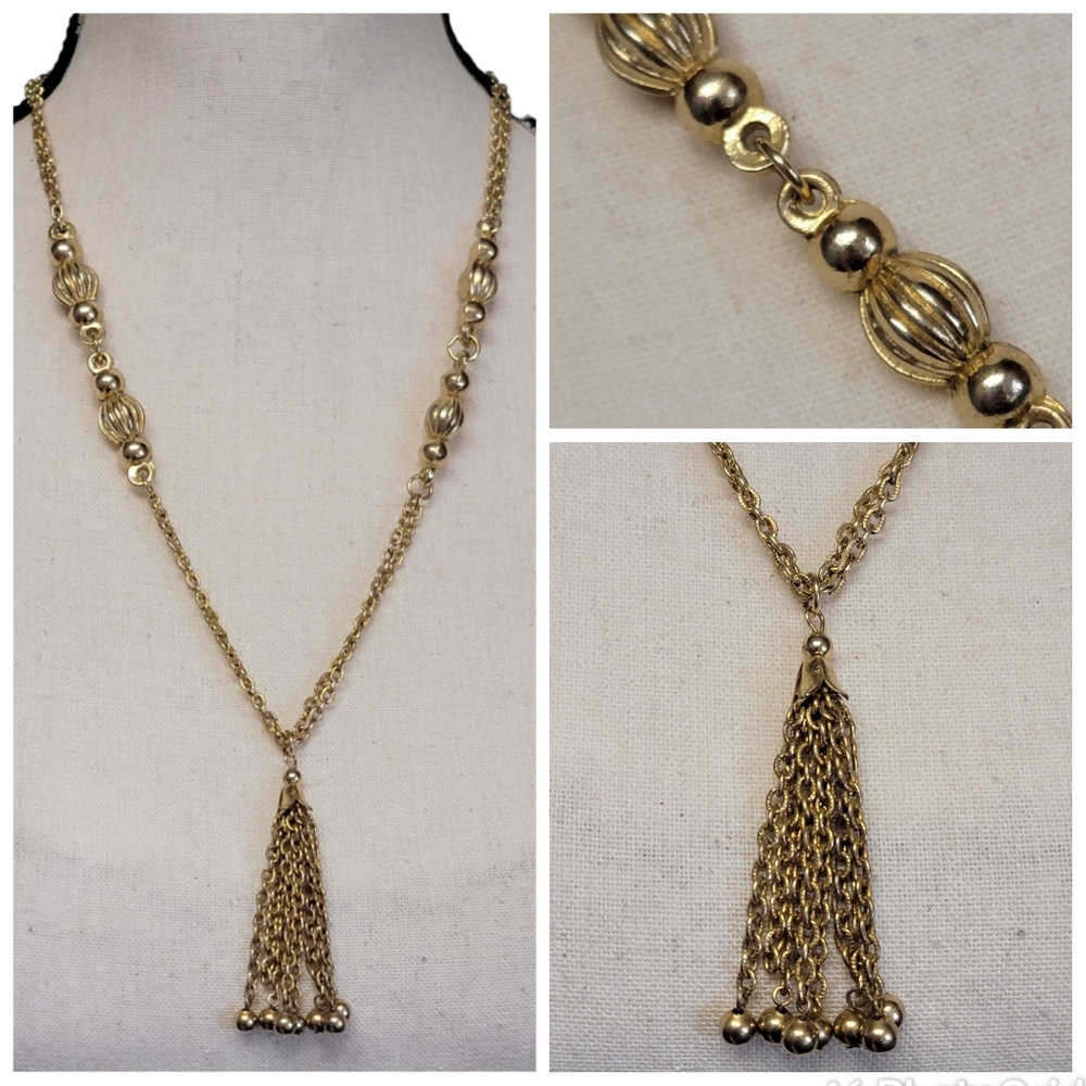 Gold‎ Tone Tassel Necklace 23" Pendant Double Strand Beaded Costume Jewelry Gift